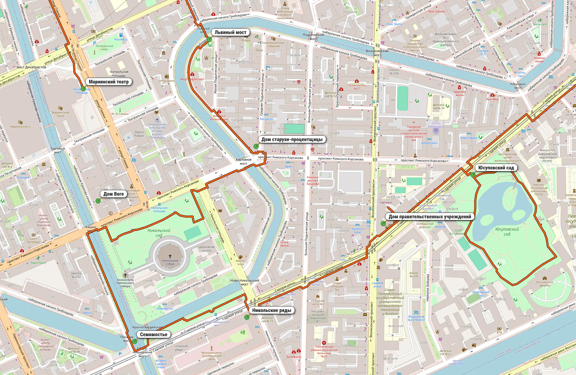 Продолжение маршрута от Львиного мостика до Никольского собора и далее