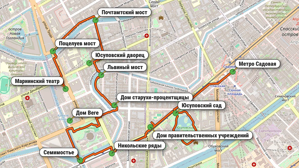 Подробная карта маршрута по району Коломна в Санкт-Петербурге с отмеченными точками интереса
