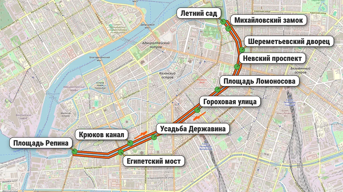 Карта велосипедного маршрута вдоль Фонтанки